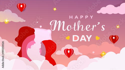 Mother's day illustration of mother and child in soft watercolor style with hearts and clouds