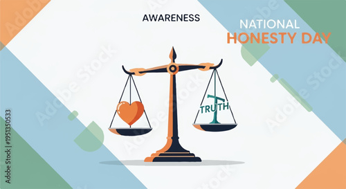 National honesty day concept with scales balancing heart and truth on geometric background