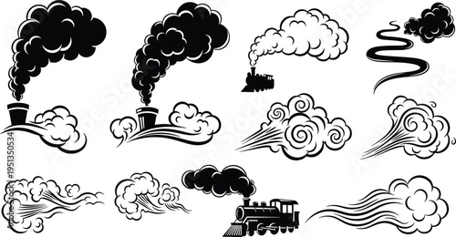 Steam and Smoke Icon Set Featuring Train, Factory, Swirls, and Exhaust Cloud Designs for Industrial, Vintage, and Transportation Applications