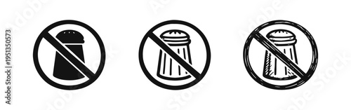 No Salt Icon Set. Forbidden Salt Shaker Symbol for Low Sodium Diet. Black Silhouette, Outline, and Hand-Drawn Style Icons.