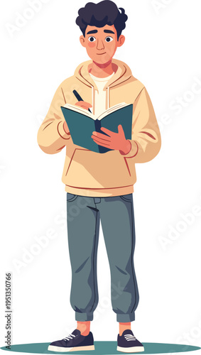 Illustrazione vettoriale di uno studente seduto o in piedi mentre studia e prende appunti. Concetto di apprendimento, concentrazione, educazione e studio, ideale per scuola, università e formazione.