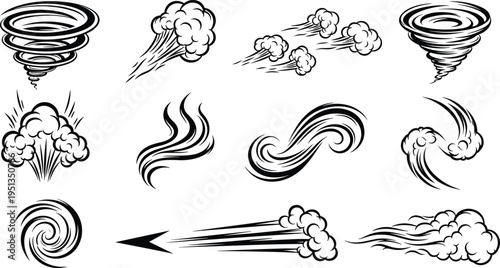 Storm and Wind Icon Set Featuring Tornadoes, Clouds, Swirls, and Explosions for Weather, Nature, and Atmospheric Applications