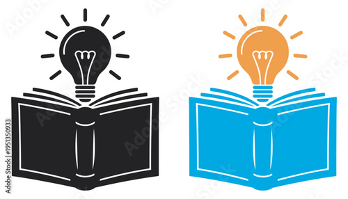 Open book with glowing light bulb, color and silhouette vector, creative education and learning symbol, knowledge, discovery, intellectual development, e-learning platform illustration