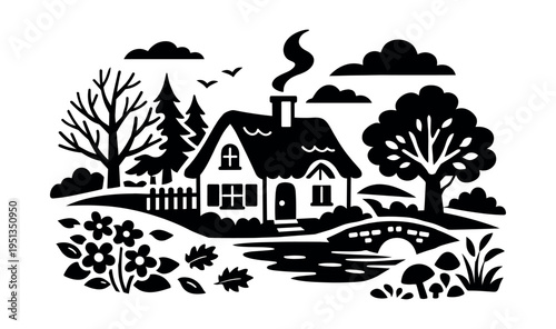 Cozy cottage house nestled in a peaceful countryside setting, featuring a small stream, stone bridge, lush trees, and blooming flowers