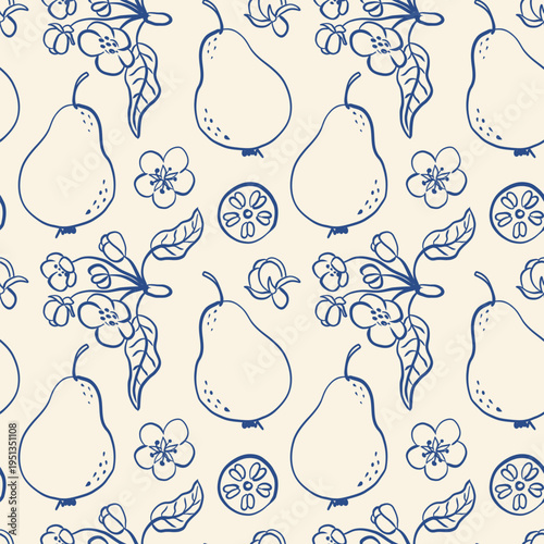 Hand-drawn pears and blossoms in blue ink on cream background. Each fruit and flower has delicate, sketchy outlines and shading. Simple, charming pattern repeats across the entire surface
