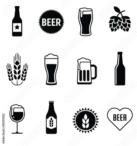 Beer icons set, bottle, glass, pint symbols, alcohol drink, brewery, pub, bar menu, lager and ale, foam, celebration, party, beverage vector illustrations for websites, apps, and posters.