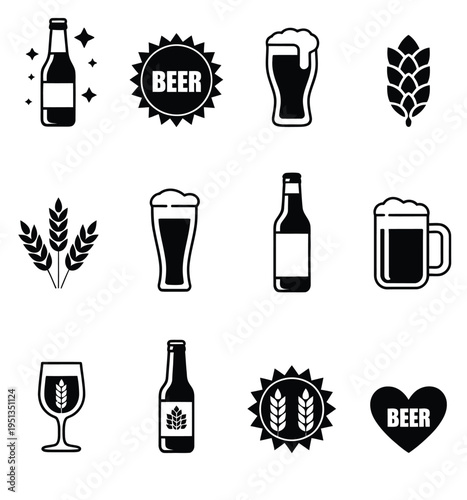 Beer vector icons set, bottle, glass, pint, alcohol beverage symbols, brewery, bar, pub, drink, lager, ale, foam, celebration, party, and flat vector illustration collection for design projects.