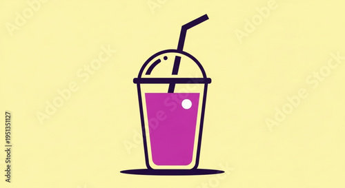 Colorful pink drink in a disposable cup with straw and lid on yellow background