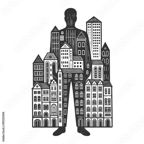 human figure composed of urban buildings, city life, identity, architecture, and urbanization concepts sketch engraving generative ai vector illustration. Scratch board imitation. Black and white.