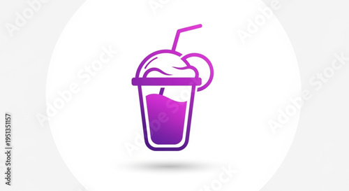 Purple smoothie with whipped cream and straw in a clear cup on white background