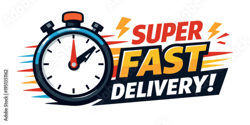 Stopwatch icon with speed lines and a Super Fast Delivery banner, symbolizing quick, express, and efficient shipping