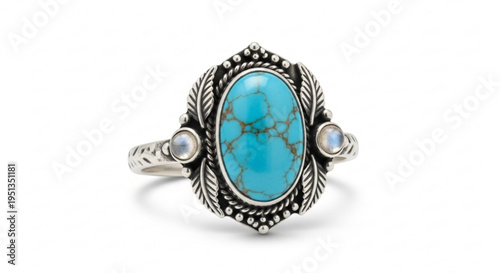 Turquoise and silver ring with intricate design and two small stones on white background