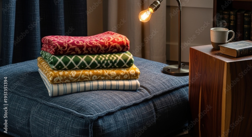 Obraz premium Soft stacked textiles on a plush ottoman with warm ambient lighting creating a cozy reading nook.