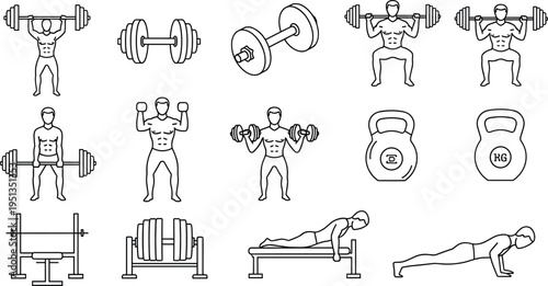 Strength Training and Weightlifting Icon Set Featuring Dumbbells, Kettlebells, Bench Press, Push-ups, and Fitness Icons for Gym and Workout Applications