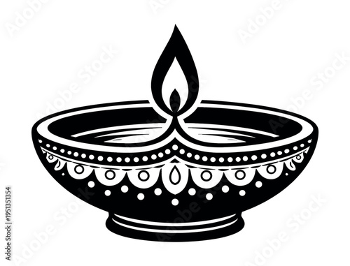 Diya oil lamp with flickering flame. Representing Diwali celebration, Hinduism, faith, culture, and positive energy on a white background