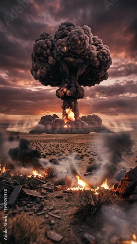 Massive nuclear explosion with mushroom cloud over devastated land, disaster scene, destruction concept, war threat, catastrophic event.