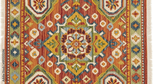 Vibrant traditional oriental rug with intricate geometric patterns and floral designs in shades of orange yellow blue and green on a neutral background