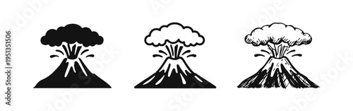 Erupting Volcano Icon Set. Active Mountain with Smoke and Lava in Black, Outline, and Hand-Drawn Styles.