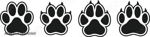 A horizontal sequence of four distinct black animal paw print icons with stylized claw markings