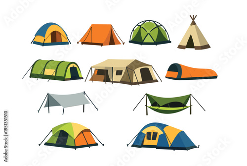 Collection of various camp tents, hammock, tarp and rooftop tent illustrating diverse outdoor accommodation for tourism and adventure