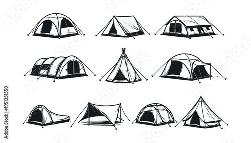 Camping tents in doodle sketch style. Depicting different outdoor shelters for adventure and nature travel