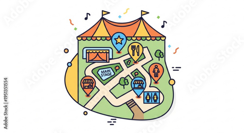Colorful amusement park map with rides and attractions funfair or carnival layout with tent paths and music notes on white background