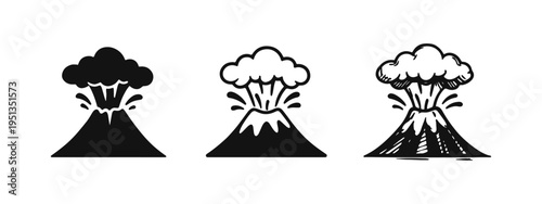 Volcanic Eruption Icon Set - Solid, Outline, and Hand-Drawn Volcano Exploding with Ash Cloud