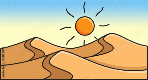 Desert landscape with sandy dunes under a bright sun at sunset or sunrise with clear blue sky