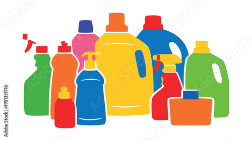 Grouping various colorful cleaning product bottles, detergents, and household chemicals, symbolizing hygiene, disinfection, and home sanitation