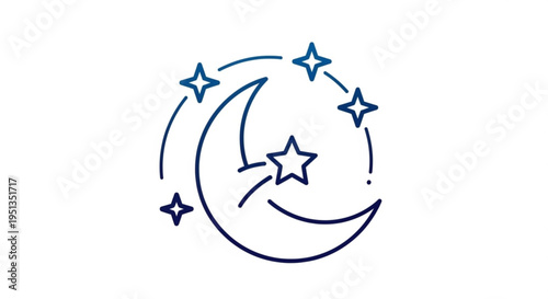 Night sky crescent moon with stars shining brightly in dark blue lines on white background for astronomy and stargazing concepts