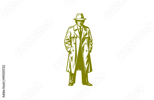 Disheveled 1970s TV Detective Trench Coat Silhouette, Classic Mystery Show Vector Sticker, Iconic Crumpled Fighter of Crime Illustration