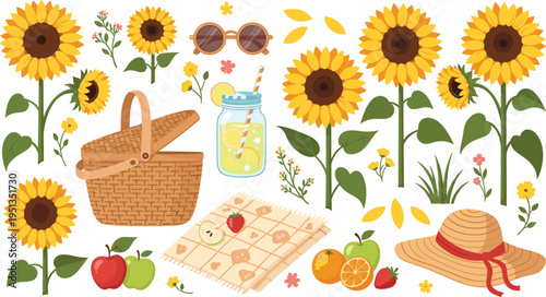 Summer Sunflower Picnic Set Featuring Blooming Sunflowers Picnic Basket Lemon Drink Fruits Straw Hat Sunglasses and Outdoor Garden Elements Vector Illustration