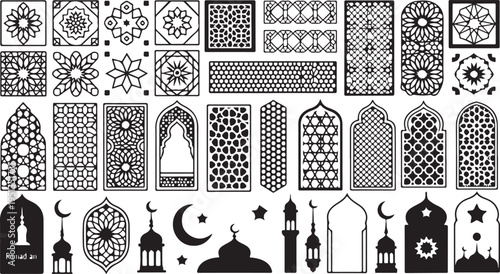 Ramadan kareem islamic geometric patterns and mosque silhouettes on white background for eid celebration designs