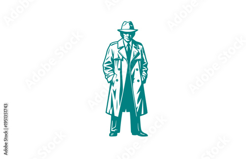Disheveled 1970s TV Detective Trench Coat Silhouette, Classic Mystery Show Vector Sticker, Iconic Crumpled Fighter of Crime Illustration