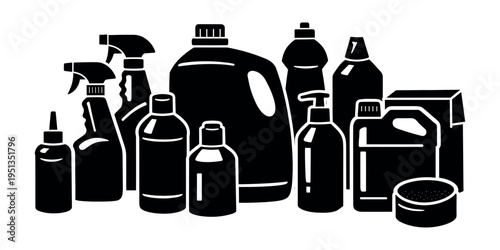 Grouping various cleaning products, plastic bottles, spray dispensers, detergents, and household chemicals for home maintenance and sanitation