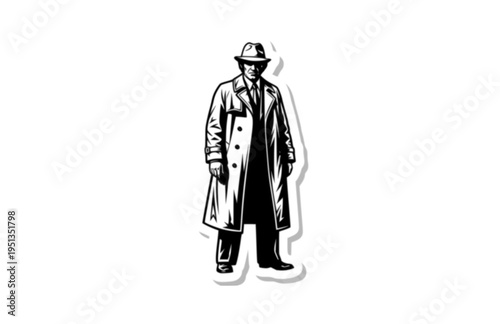 Disheveled 1970s TV Detective Trench Coat Silhouette, Classic Mystery Show Vector Sticker, Iconic Crumpled Fighter of Crime Illustration