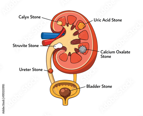 Human kidney and bladder anatomy with various types of renal calculi, including uric acid, calcium oxalate, struvite, calyx, ureter, and bladder stones