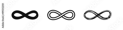 Stylized Infinity Symbol Icon Set - Elegant Loop Shape in Solid, Outline, and Hand-Drawn Styles