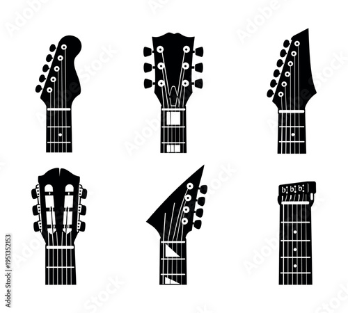 Six different guitar headstock and neck silhouettes depicting various musical genres and instrument types
