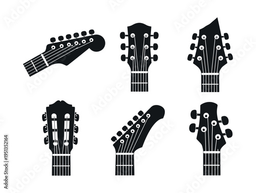 Various guitar headstock silhouettes including classic, electric, acoustic, and bass designs, representing different musical styles