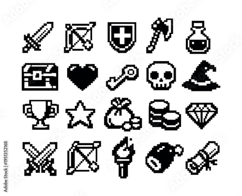 Collection of pixel art icons for video game design, featuring fantasy RPG items like swords, potions, coins, and quest elements