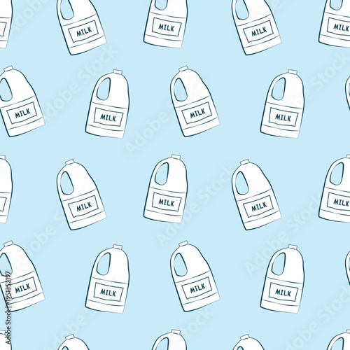 Milk seamless pattern. Large bottle of milk on a light blue background. Ideal for backgrounds, wrapping paper, culinary design projects