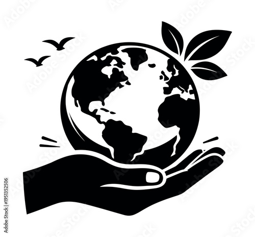 Hand gently cradling our planet with green growth and freedom, illustrating sustainability, ecology, and nature conservation