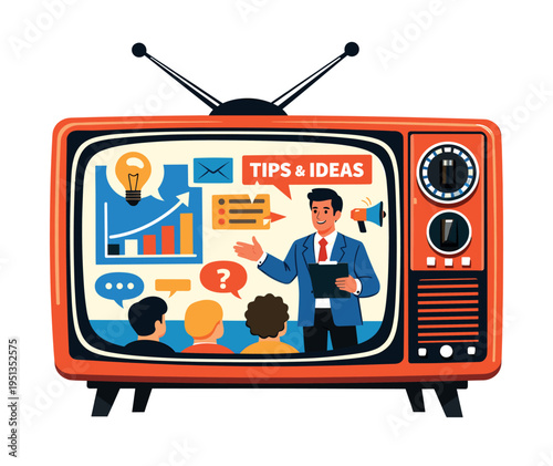 Retro television showcasing an online business training with a speaker sharing tips and ideas to an attentive audience, e-learning concept