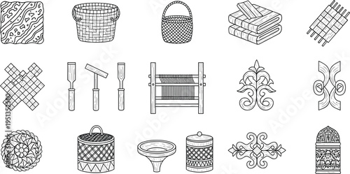 Traditional Craft and Handicraft Tools Icon Set with Woven Baskets, Wood Carving, Textile Patterns and Cultural Artisan Illustration Collection