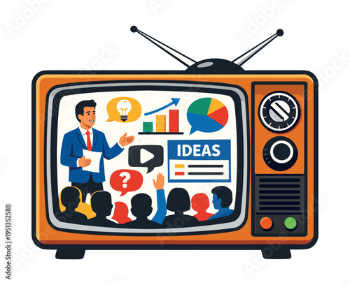 Business presenter sharing ideas and visuals on a vintage TV monitor, captivating an online crowd through a digital conference or virtual workshop