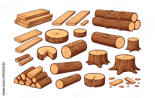 Wood and timber items featuring planks, cut logs, stacked firewood, and tree stumps, illustrating forestry resources and woodcraft
