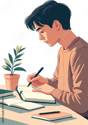 Illustrazione vettoriale di uno studente seduto o in piedi mentre studia e prende appunti. Concetto di apprendimento, concentrazione, educazione e studio, ideale per scuola, università e formazione.