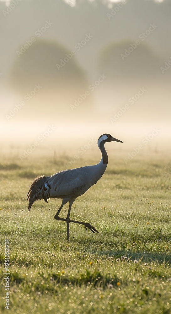 Fototapeta premium Graceful Common Crane Walking Through Misty Morning Field at Sunrise.