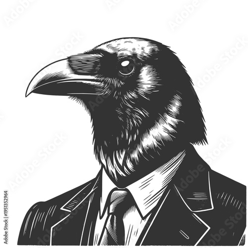 raven-headed figure in a suit, intelligence, mystery, strategy, and dark corporate identity sketch engraving generative ai fictional character vector illustration. Scratch board. Black and white image